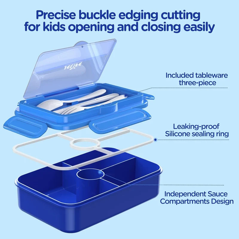 Bento Lunch Box for Kids - Leakproof w/ 4 Compartments Tableware - Reusable On-the-Go Meal - Blue