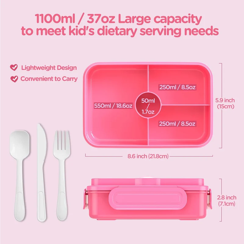 Bento Box - Leak-Proof, 4-Compartments Large Bento-Style Kids Lunch Box w/ Tableware - Princess