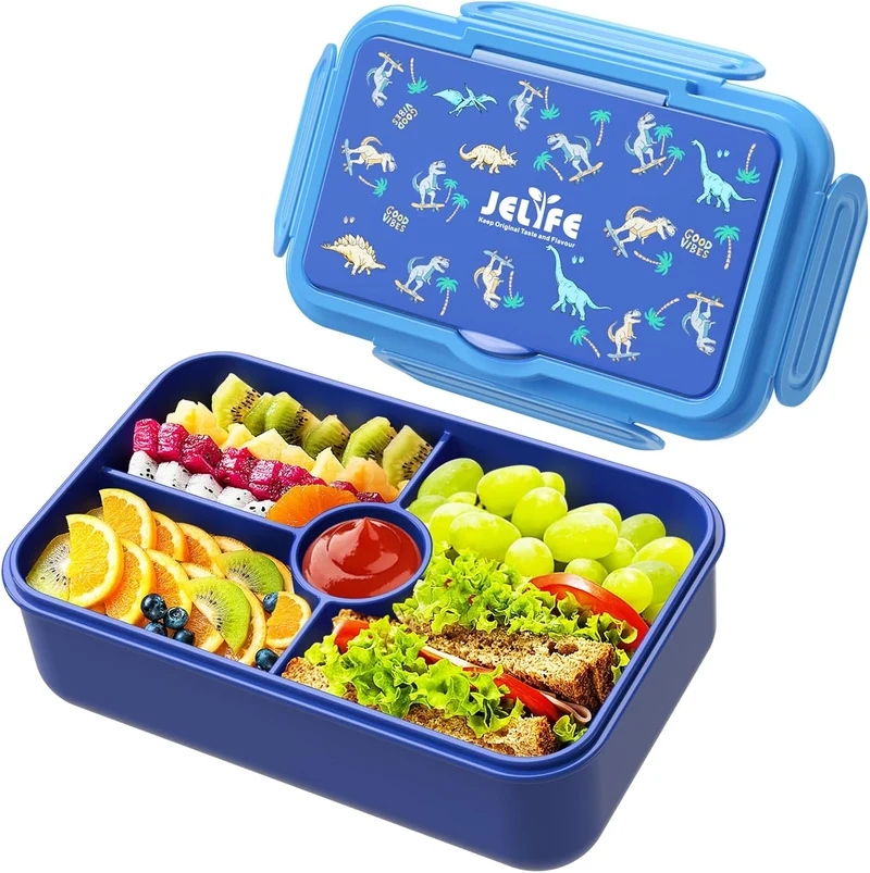 Bento Lunch Box - Leakproof 4 Compartments Large Bento-Style Bento Box Containers w/ Tableware - Dinasour