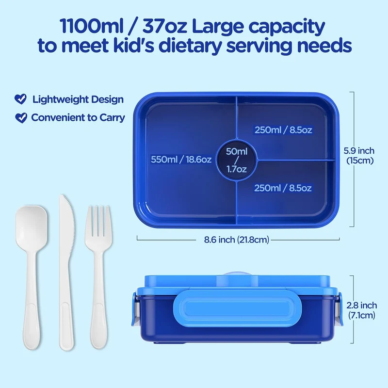 Bento Lunch Box - Leakproof 4 Compartments Large Bento-Style Bento Box Containers w/ Tableware - Dinasour