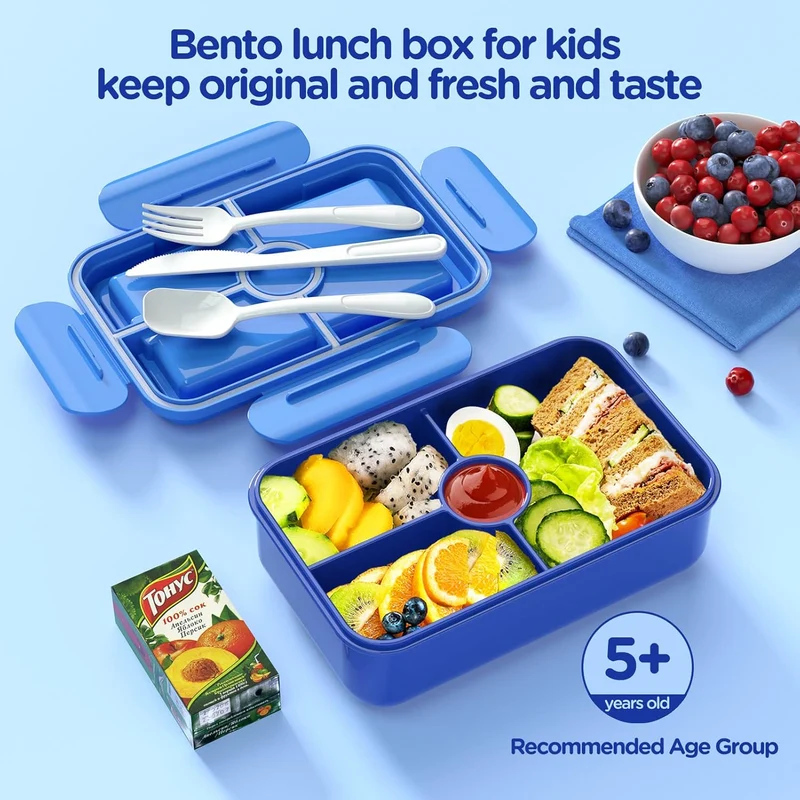 Bento Lunch Box - Leakproof 4 Compartments Large Bento-Style Bento Box Containers w/ Tableware - Dinasour