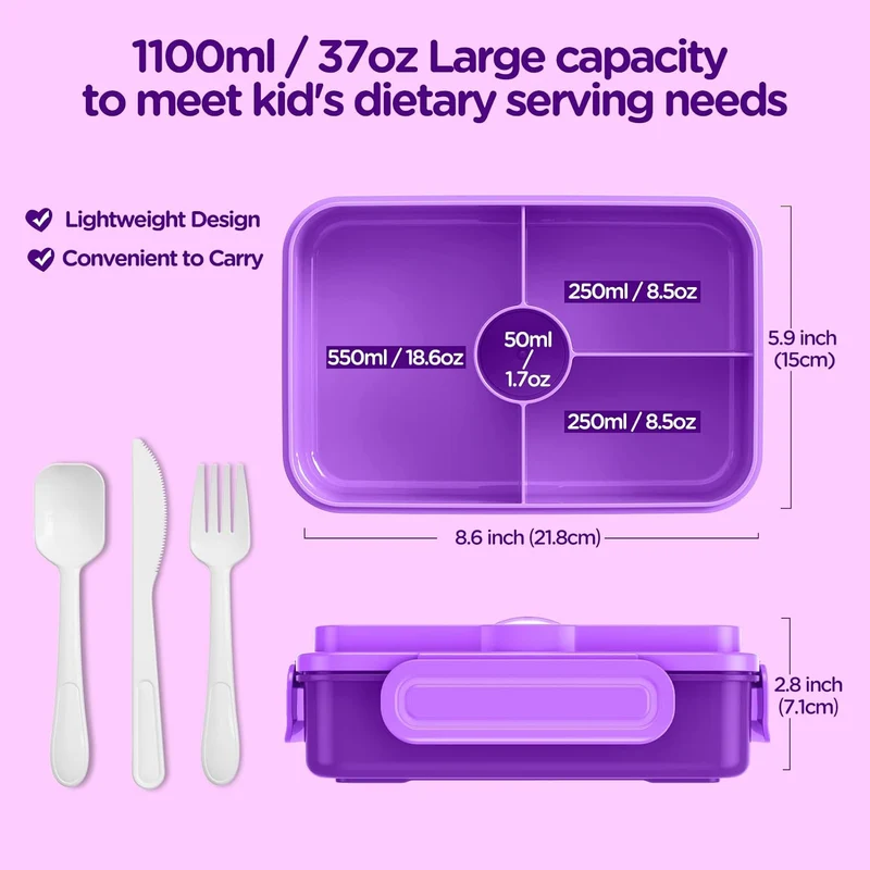 Lunch Box Kids Bento Box - Leakproof 4 Compartments Food Containers w Utensils - Purple