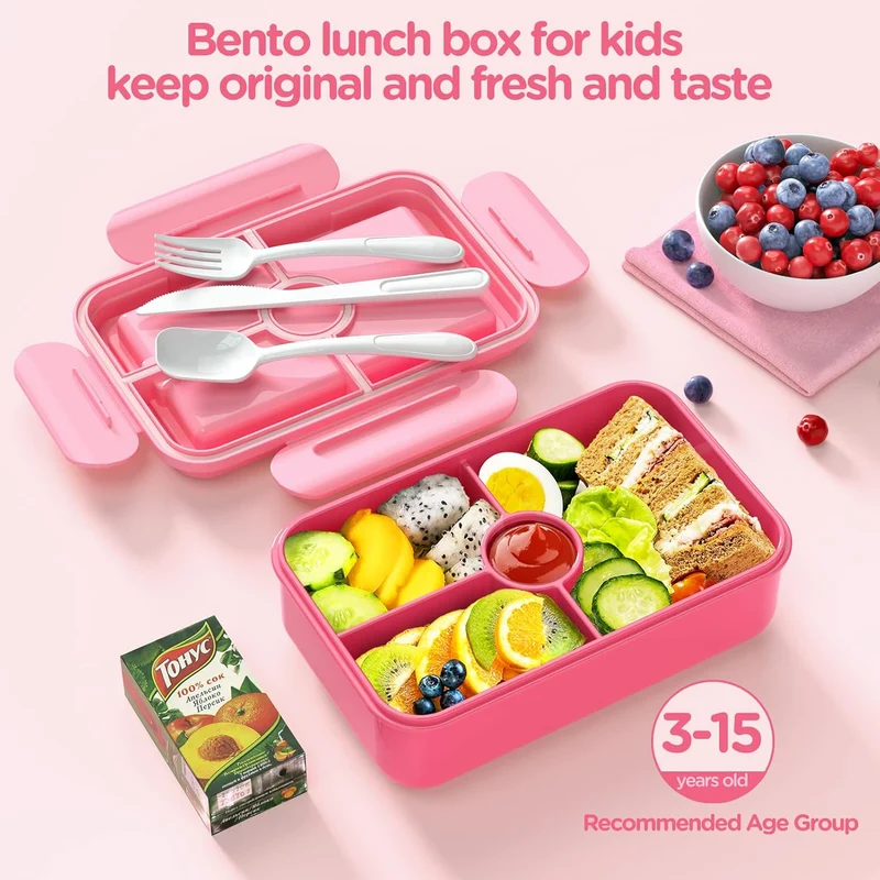 Large Bento-Style Leakproof Boxes 4 Compartments Snack Containers w/ Tableware Reusable On-the-Go Meal - Pink