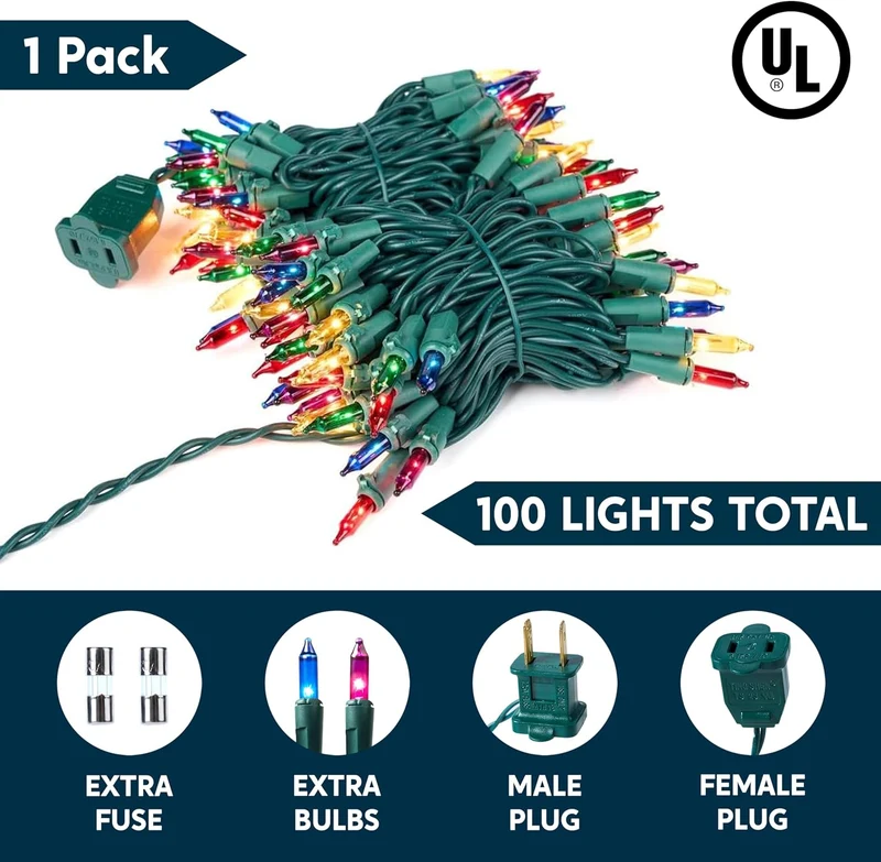 Multicolor Christmas String Lights,100 CT/ 21.4FT Tree Lights Plug Decorations - Green Wire