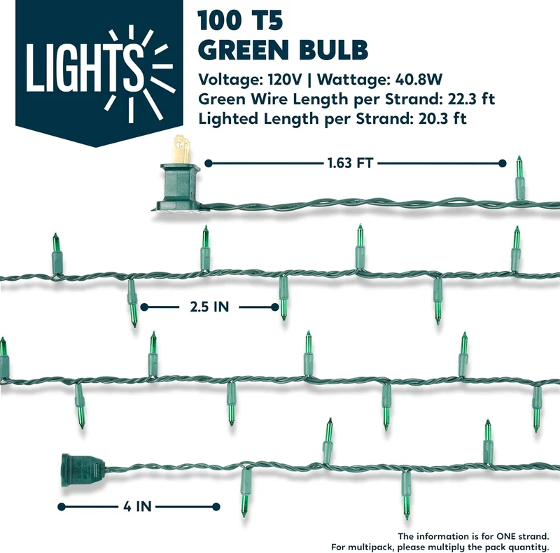 Green Christmas String Lights,100 Ct / 22.3FT Tree Lights Plug in Decorations - Green Wire