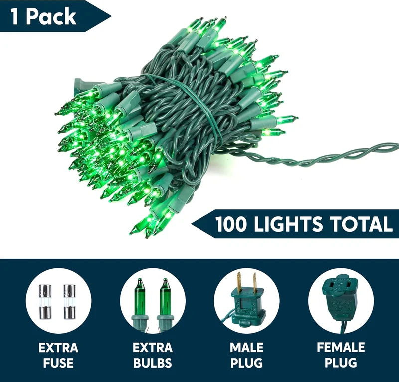 Green Christmas String Lights,100 Ct / 22.3FT Tree Lights Plug in Decorations - Green Wire