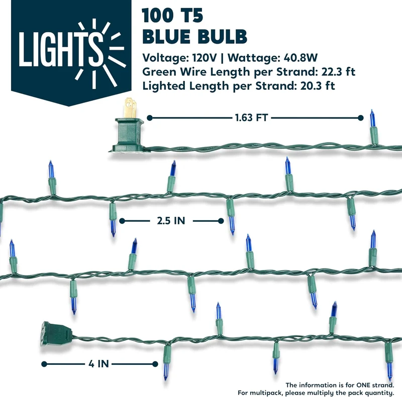 Blue Christmas String Lights,100 CT/ 22.3FT Fairy Tree Lights Plug Decorations - Green Wire
