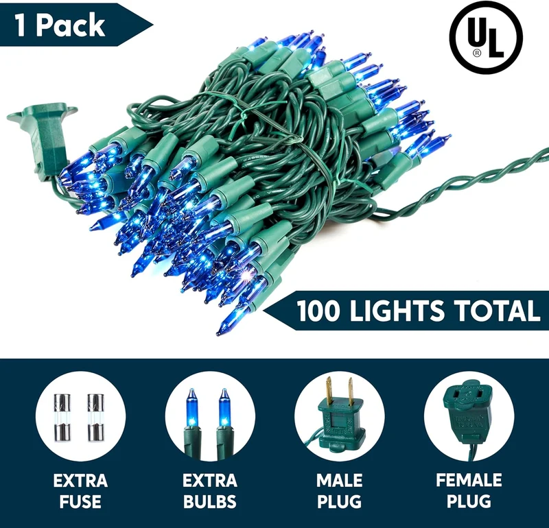 Blue Christmas String Lights,100 CT/ 22.3FT Fairy Tree Lights Plug Decorations - Green Wire