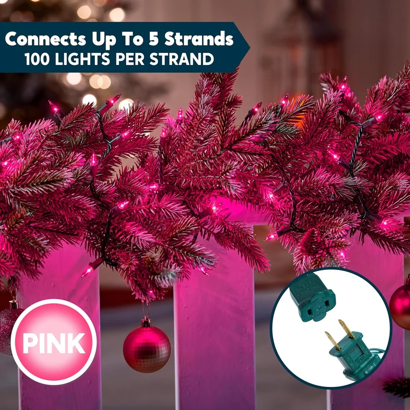 Pink Christmas String Lights,100 CT/ 21.4FT Fairy Tree Lights Plug in Decor - Green Wire