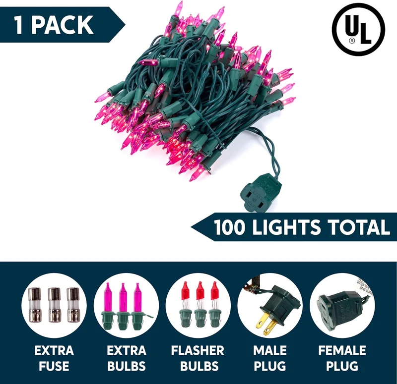 Pink Christmas String Lights,100 CT/ 21.4FT Fairy Tree Lights Plug in Decor - Green Wire