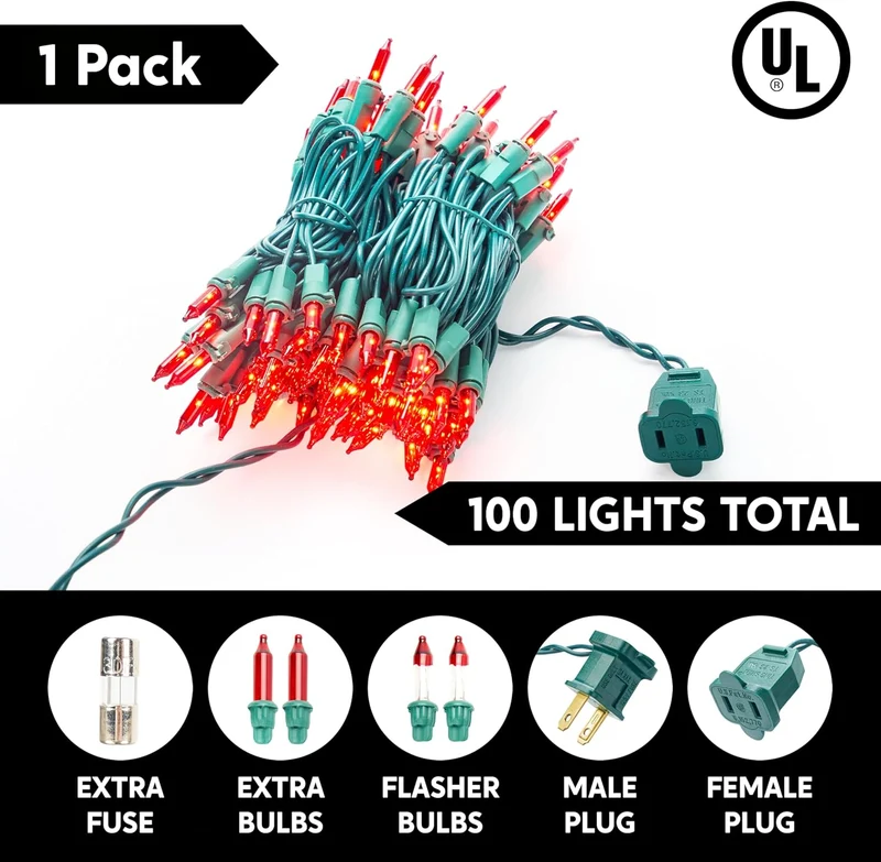 Red Christmas String Lights,100 CT/ 21.4FT Tree Lights Plug in Decorations - Green Wire