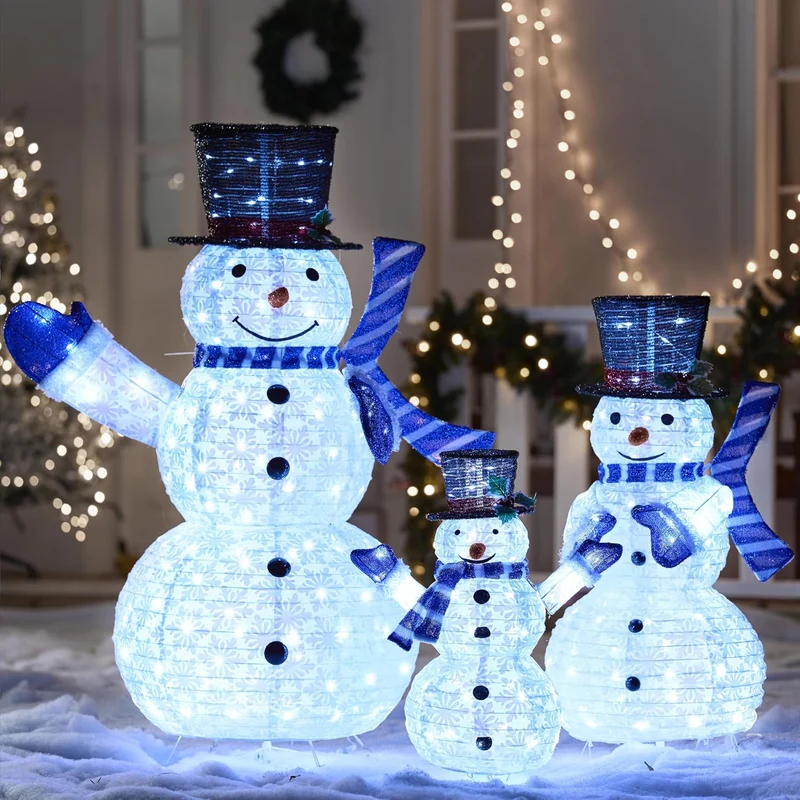 3PCS 3D Christmas Collapsible Snowman Yard Light 270 Pre-Lit LED Cool White Lights - Blue Scarf