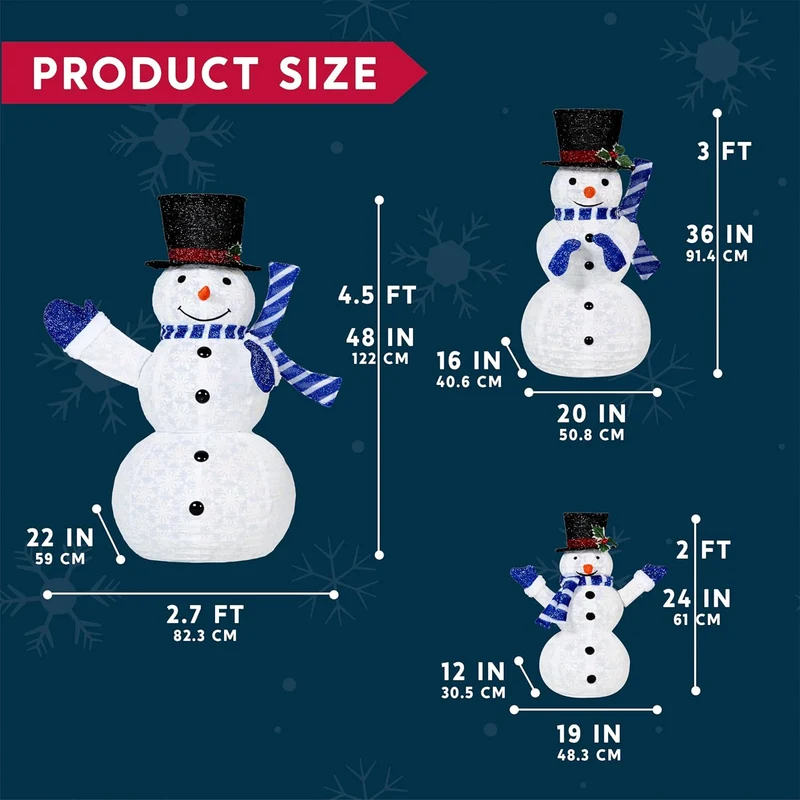 3PCS 3D Christmas Collapsible Snowman Yard Light 270 Pre-Lit LED Cool White Lights - Blue Scarf