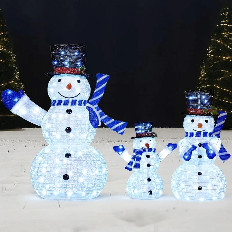 3PCS 3D Christmas Collapsible Snowman Yard Light 270 Pre-Lit LED Cool White Lights - Blue Scarf
