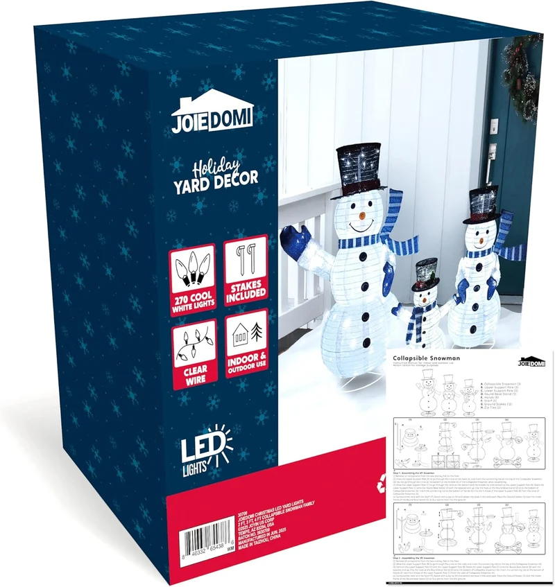 3PCS 3D Christmas Collapsible Snowman Yard Light 270 Pre-Lit LED Cool White Lights - Blue Scarf