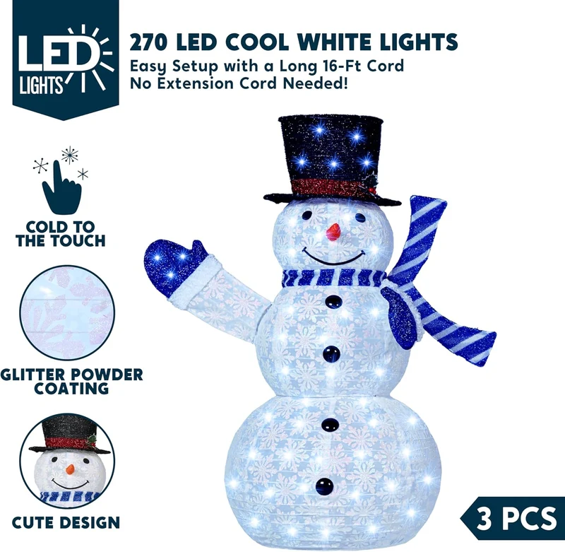 3PCS 3D Christmas Collapsible Snowman Yard Light 270 Pre-Lit LED Cool White Lights - Blue Scarf