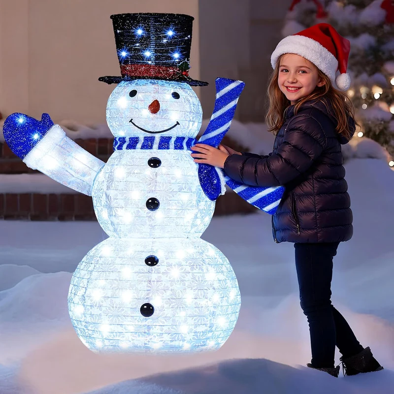 3PCS 3D Christmas Collapsible Snowman Yard Light 270 Pre-Lit LED Cool White Lights - Blue Scarf