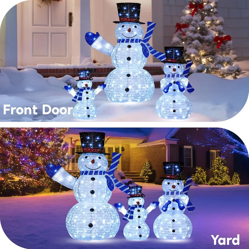 3PCS 3D Christmas Collapsible Snowman Yard Light 270 Pre-Lit LED Cool White Lights - Blue Scarf