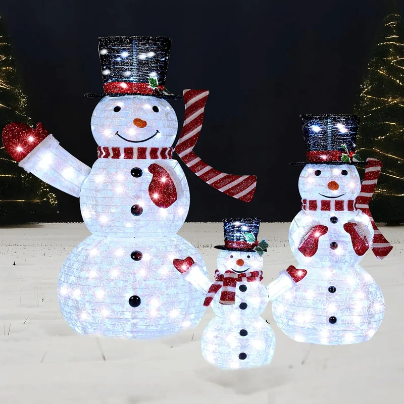 3PCS 3D Christmas Collapsible Snowman Yard Light 270 Pre-Lit LED Cool White Lights - Red Scarf