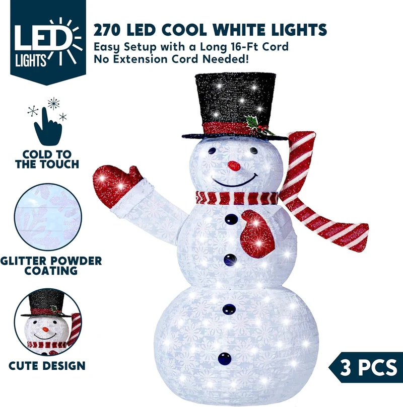 3PCS 3D Christmas Collapsible Snowman Yard Light 270 Pre-Lit LED Cool White Lights - Red Scarf