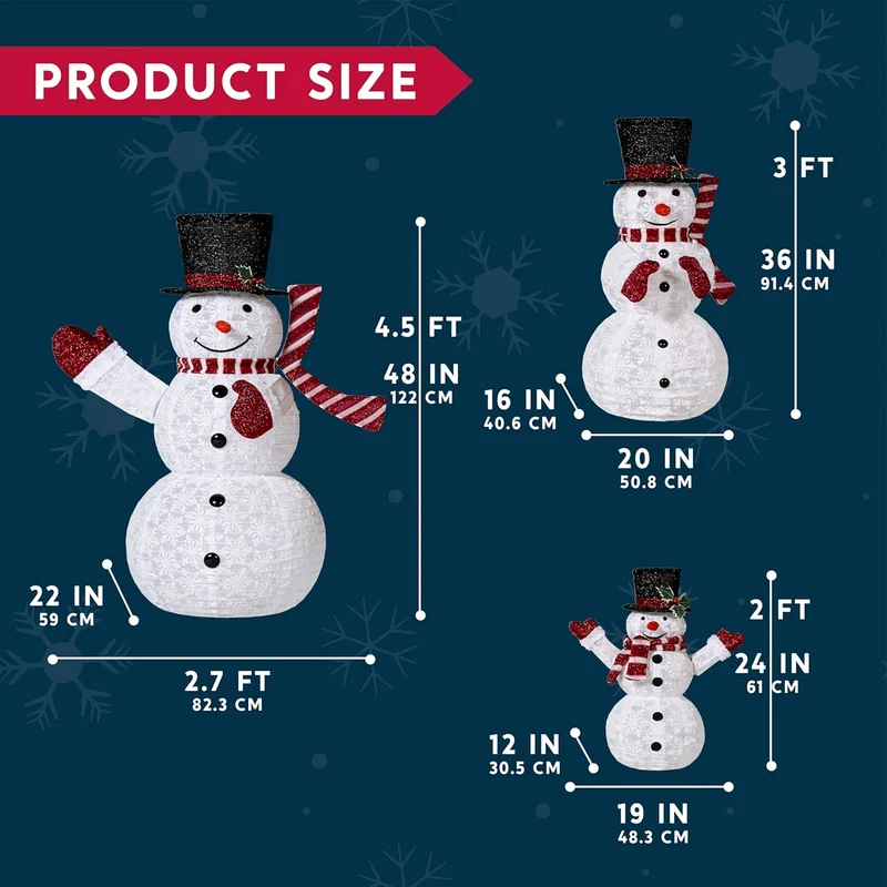 3PCS 3D Christmas Collapsible Snowman Yard Light 270 Pre-Lit LED Cool White Lights - Red Scarf