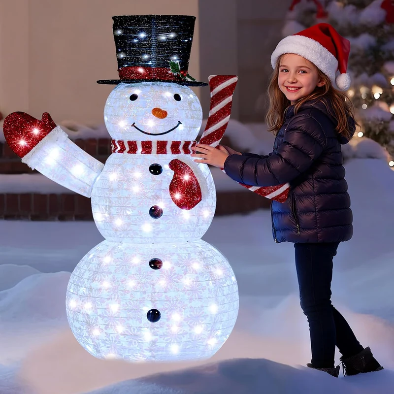 3PCS 3D Christmas Collapsible Snowman Yard Light 270 Pre-Lit LED Cool White Lights - Red Scarf