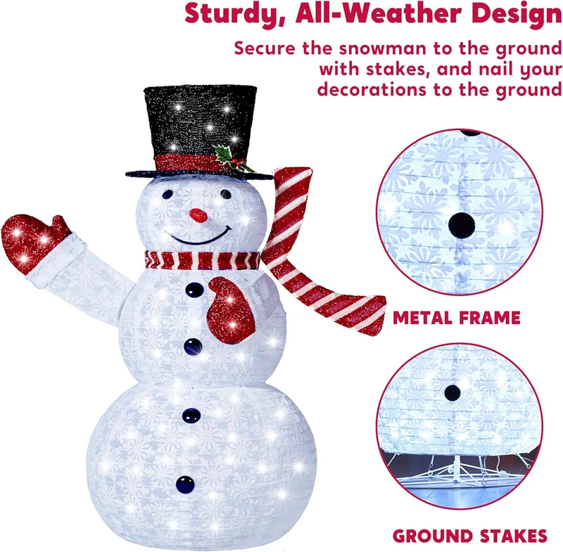 3PCS 3D Christmas Collapsible Snowman Yard Light 270 Pre-Lit LED Cool White Lights - Red Scarf