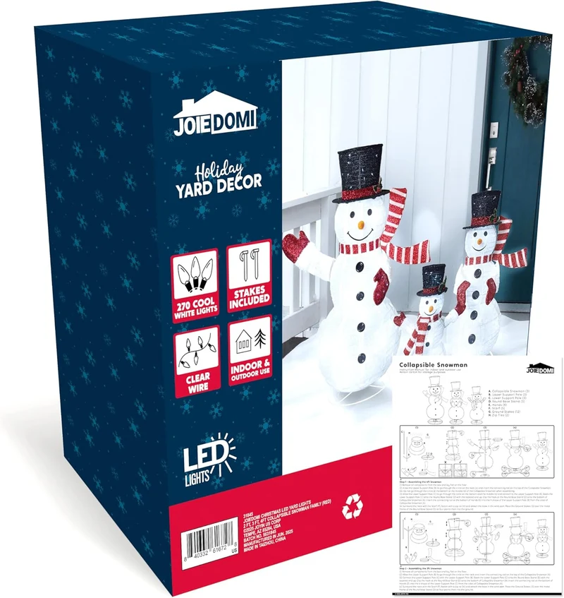 3PCS 3D Christmas Collapsible Snowman Yard Light 270 Pre-Lit LED Cool White Lights - Red Scarf