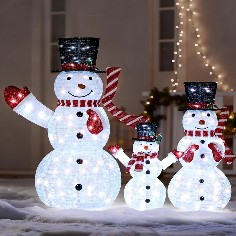 3PCS 3D Christmas Collapsible Snowman Yard Light 270 Pre-Lit LED Cool White Lights - Red Scarf
