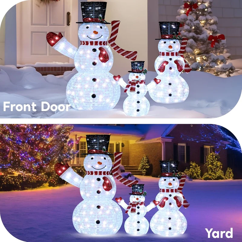 3PCS 3D Christmas Collapsible Snowman Yard Light 270 Pre-Lit LED Cool White Lights - Red Scarf