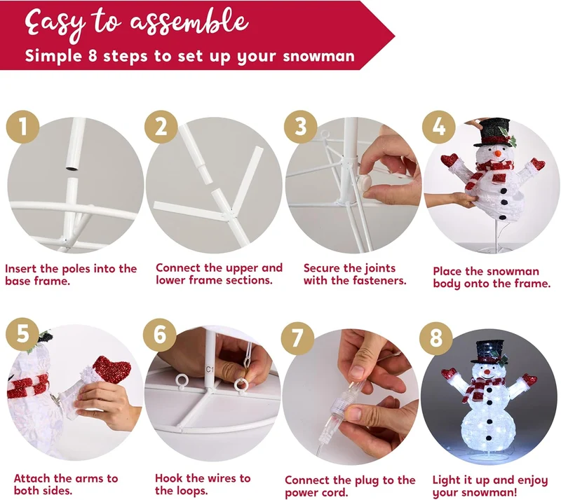3PCS 3D Christmas Collapsible Snowman Yard Light 270 Pre-Lit LED Cool White Lights - Red Scarf