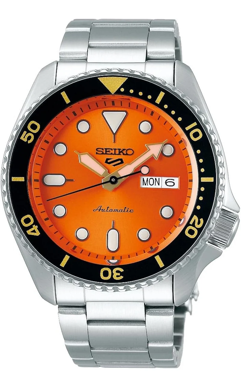 SEIKO Automatic Watch 5 Sports - Day/Date Calendar, LumiBrite Hands and Markers, and Rotating Bezel, 100m Water-Resistant - Orange