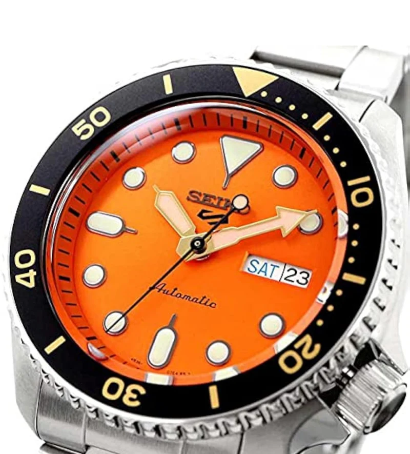 SEIKO Automatic Watch 5 Sports - Day/Date Calendar, LumiBrite Hands and Markers, and Rotating Bezel, 100m Water-Resistant - Orange