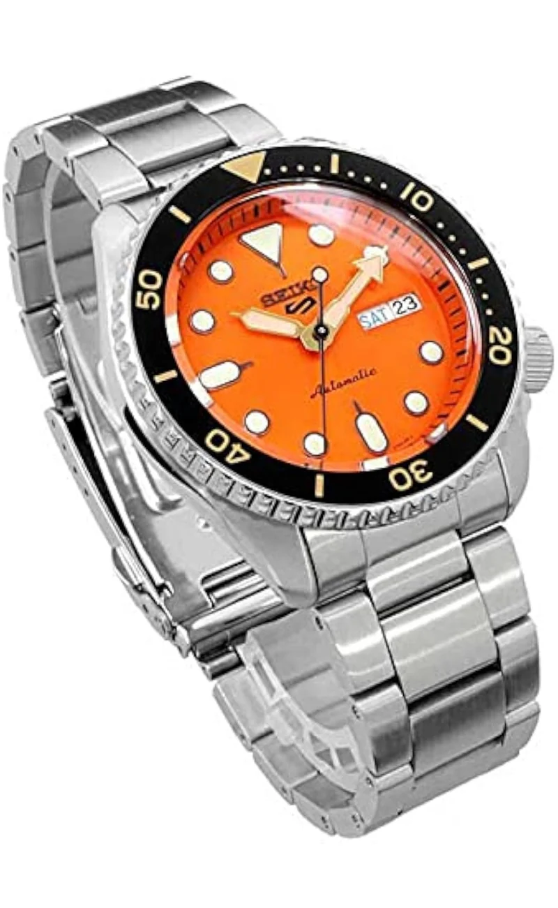 SEIKO Automatic Watch 5 Sports - Day/Date Calendar, LumiBrite Hands and Markers, and Rotating Bezel, 100m Water-Resistant - Orange