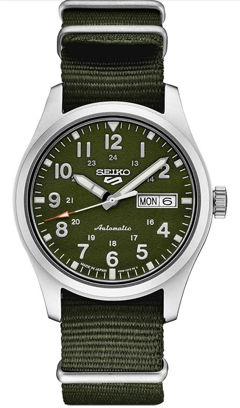 SEIKO Watch Automatic w/ Manual Winding Movement, Green Dial, Stainless Steel Case, Green Nylon Strap, 100m Water Resistant