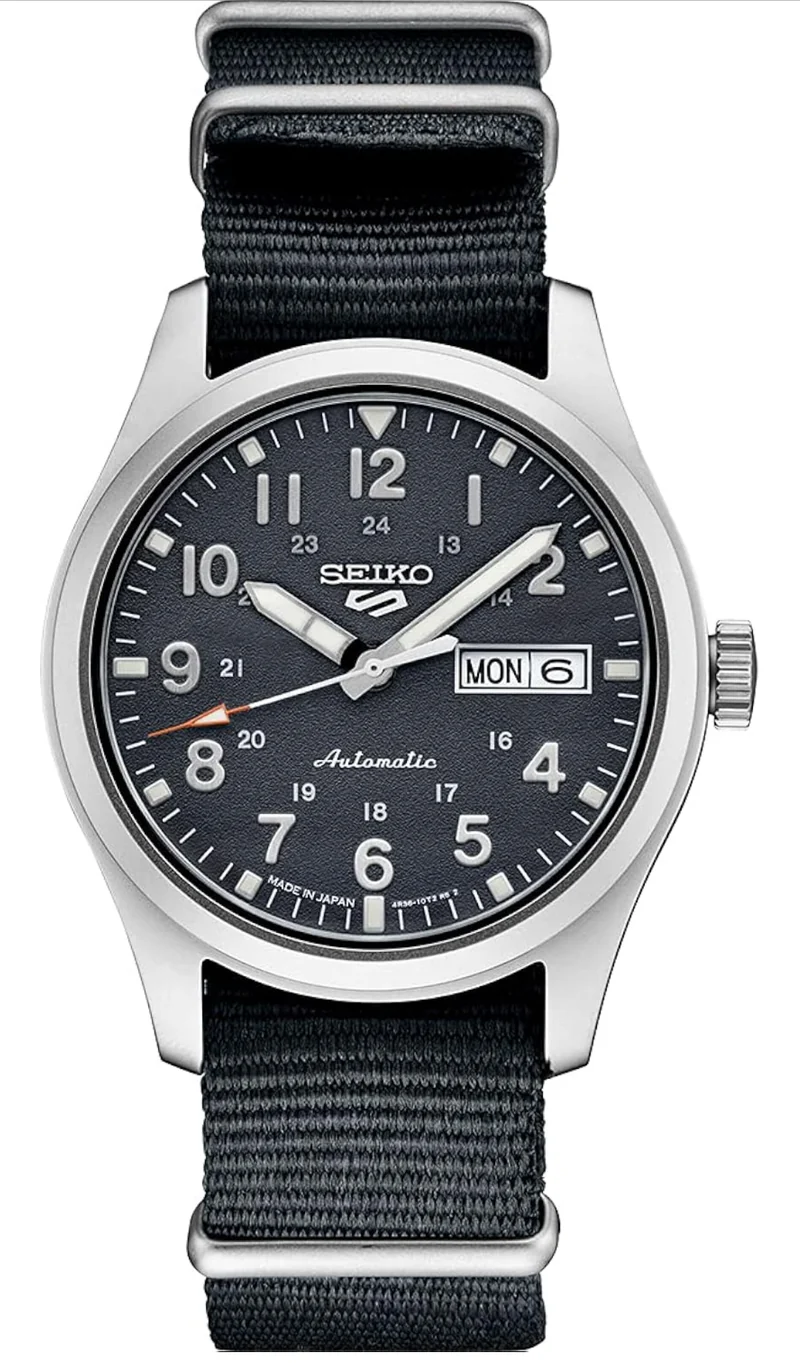 SEIKO Watch Automatic w/ Manual Winding Movement, Blue-Gray Dial, Stainless Steel Case, Blue-Gray Nylon Strap, 100m Water Resistant