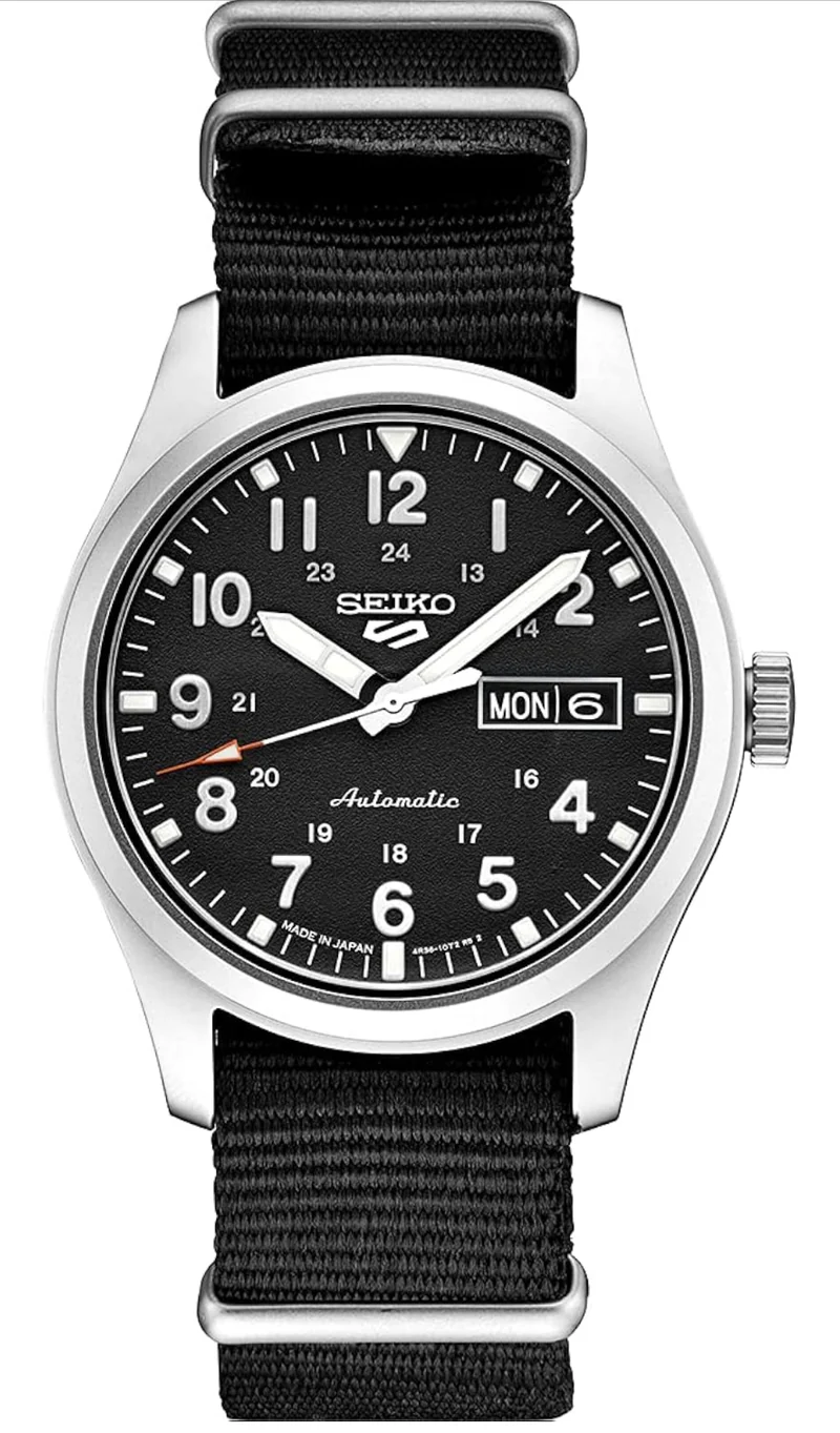 SEIKO Watch Automatic w/ Manual Winding Movement, Black Dial, Stainless Steel Case, Black Nylon Strap, 100m Water Resistant