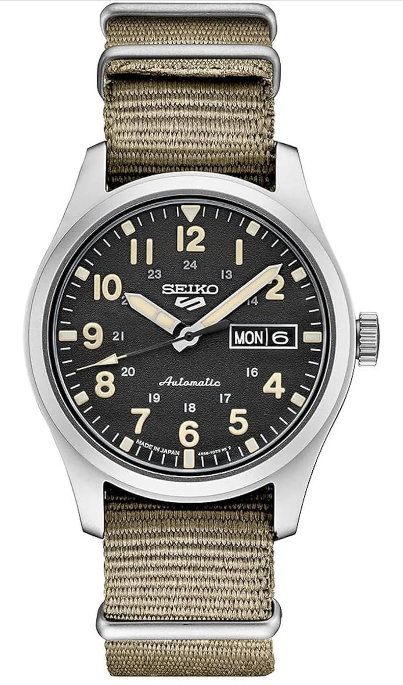 Seiko Watch, Black Dial, 41-Hour Power Reserve, Stainless Steel Case, Nylon Strap, Water-Resistant