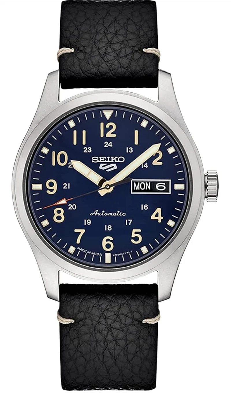 SEIKO Watch Automatic w/ Manual Winding Movement, Blue Dial, Stainless Steel Case, Black Leather Strap, 100m Water Resistant