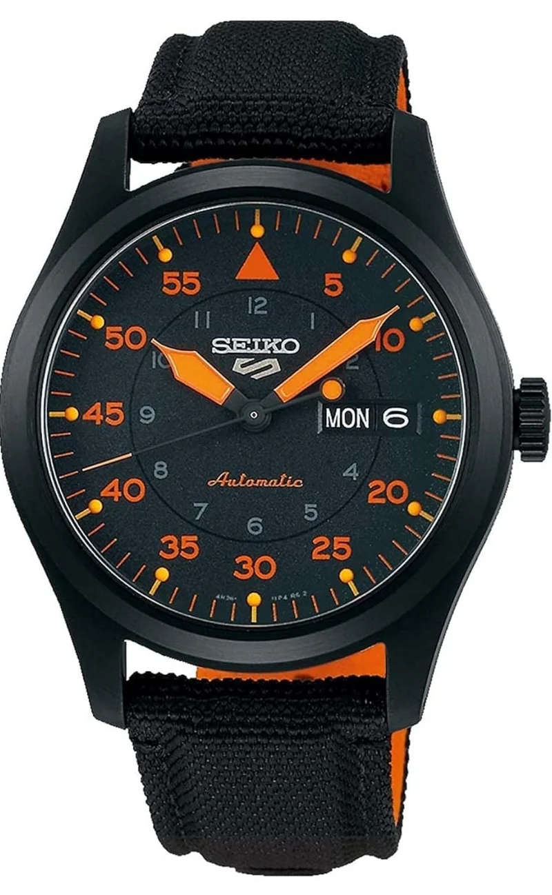 Seiko Watch, 41-Hour Power Reserve, Stainless Steel Case, Black Nylon Strap, Blue and Orange Dial, 100m Water Resistant