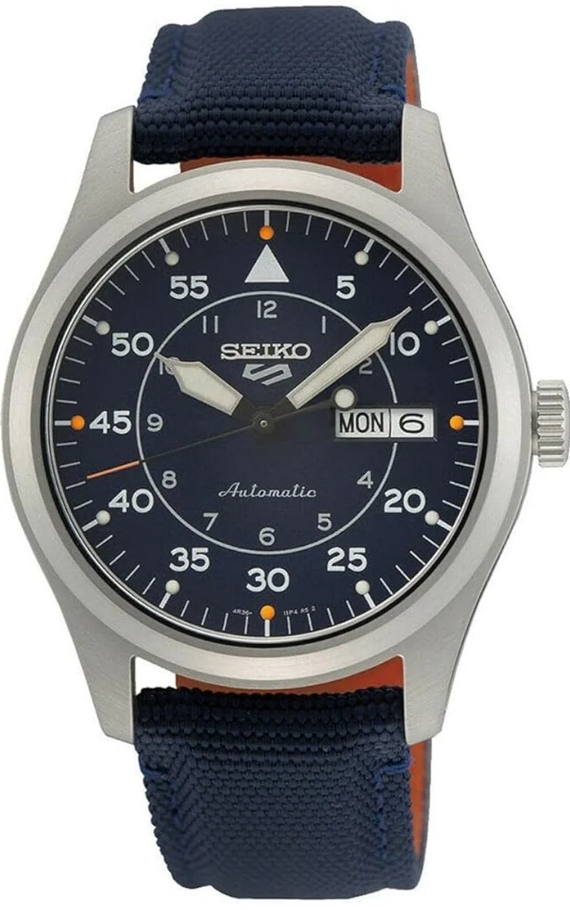 SEIKO Watch Automatic w/ Manual Winding Movement, Blue Dial, Stainless Steel Case, Blue Nylon Strap, 100m Water Resistant