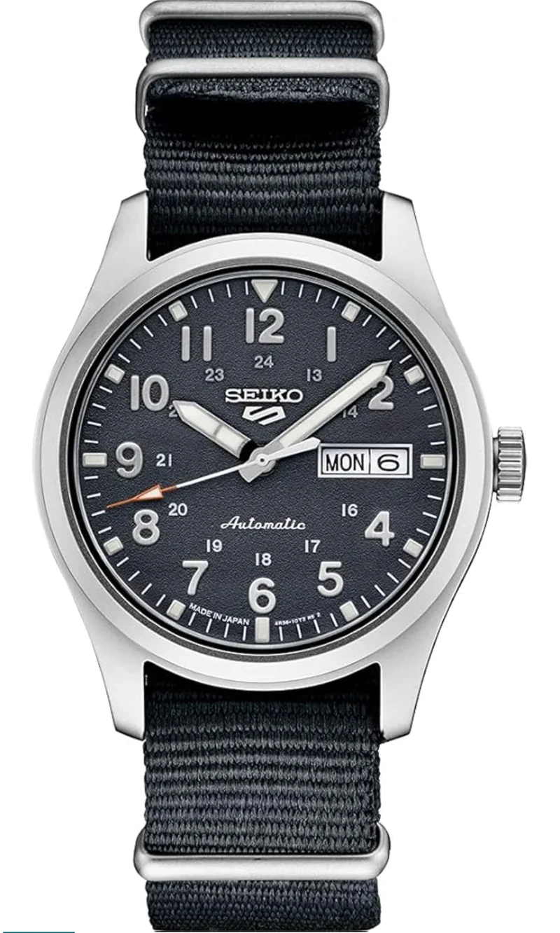 SEIKO Watch 5 Sports Automatic w/ Manual Winding Movement, Black Dial, Stainless Steel Case, Black Nylon Strap, 100m Water Resistant