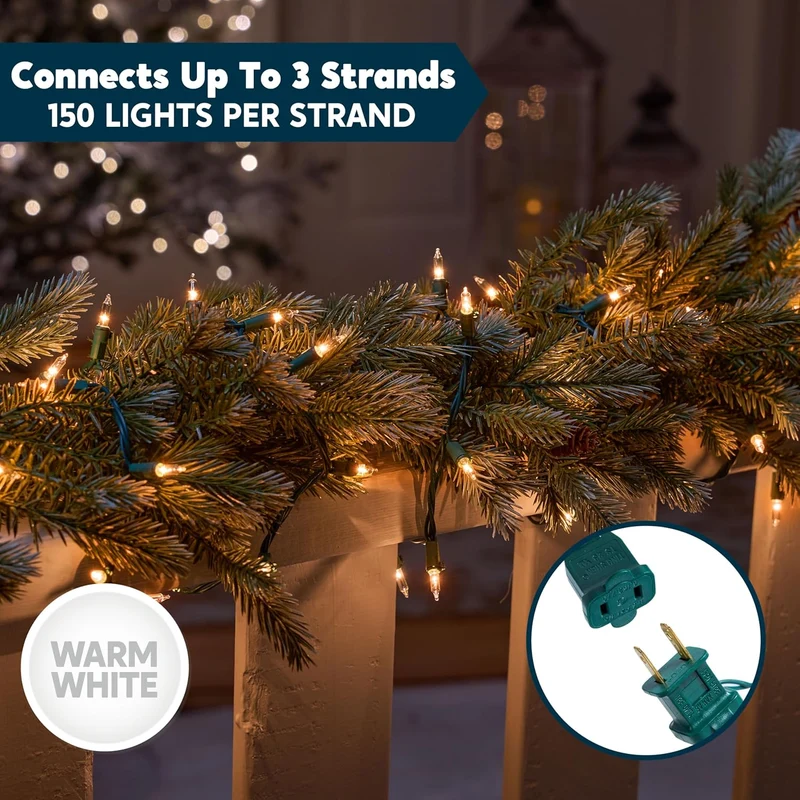 Clear Christmas String Lights Indoor,300CT Mini Warm White Fairy Light,62.4FT Lighting Decor - Green Wire