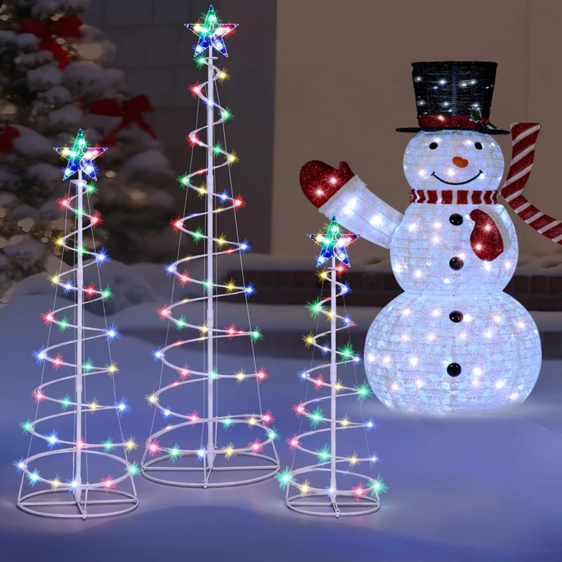 (3Pack) Spiral Christmas Tree Lights, 218 LED Outdoor Lighted Tree with Star Topper & Stakes, Christmas Decorations - Multicolor
