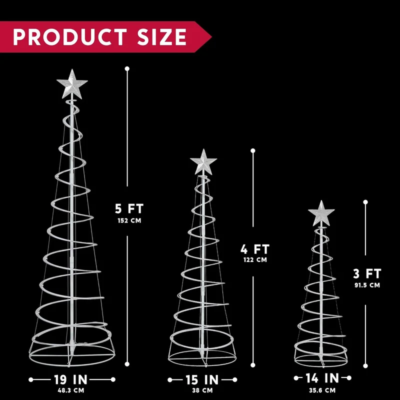 (3Pack) Spiral Christmas Tree Lights, 218 LED Outdoor Lighted Tree with Star Topper & Stakes, Christmas Decorations - Cool White
