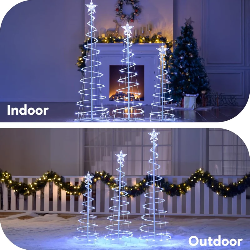 (3Pack) Spiral Christmas Tree Lights, 218 LED Outdoor Lighted Tree with Star Topper & Stakes, Christmas Decorations - Cool White