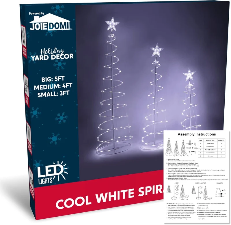 (3Pack) Spiral Christmas Tree Lights, 218 LED Outdoor Lighted Tree with Star Topper & Stakes, Christmas Decorations - Cool White