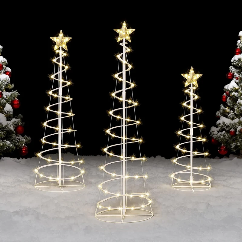 (3 Pack) Spiral Christmas Tree Lights, 218 LED Outdoor Lighted Tree with Star Topper & Stakes, Christmas Decorations - Warm White
