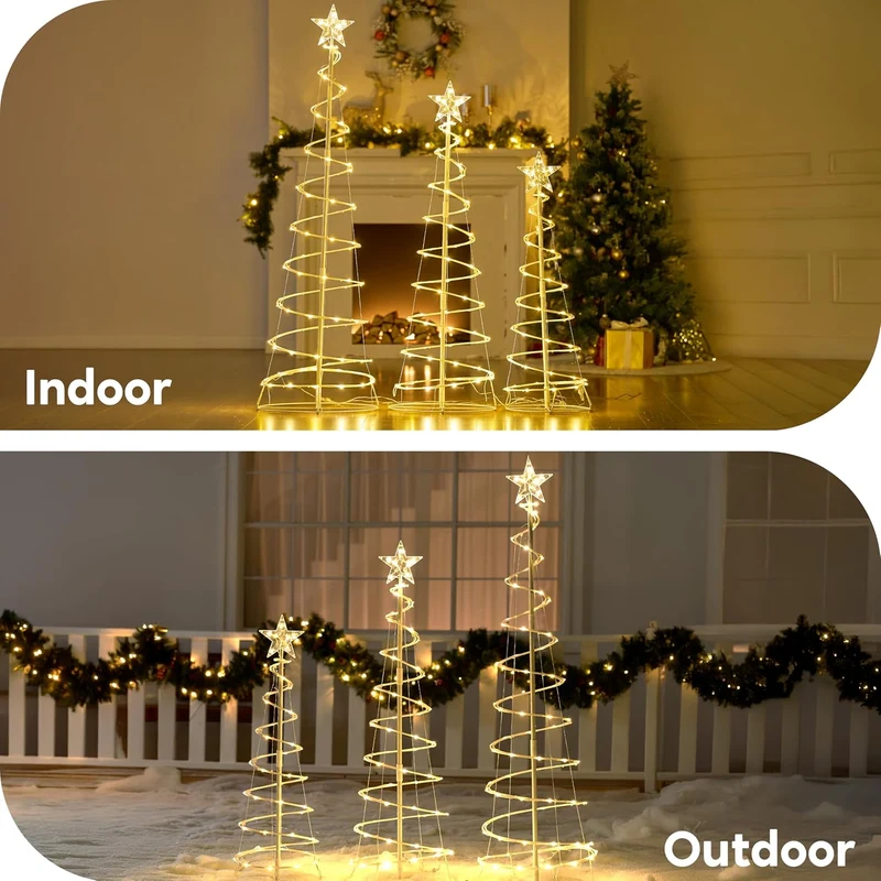(3 Pack) Spiral Christmas Tree Lights, 218 LED Outdoor Lighted Tree with Star Topper & Stakes, Christmas Decorations - Warm White