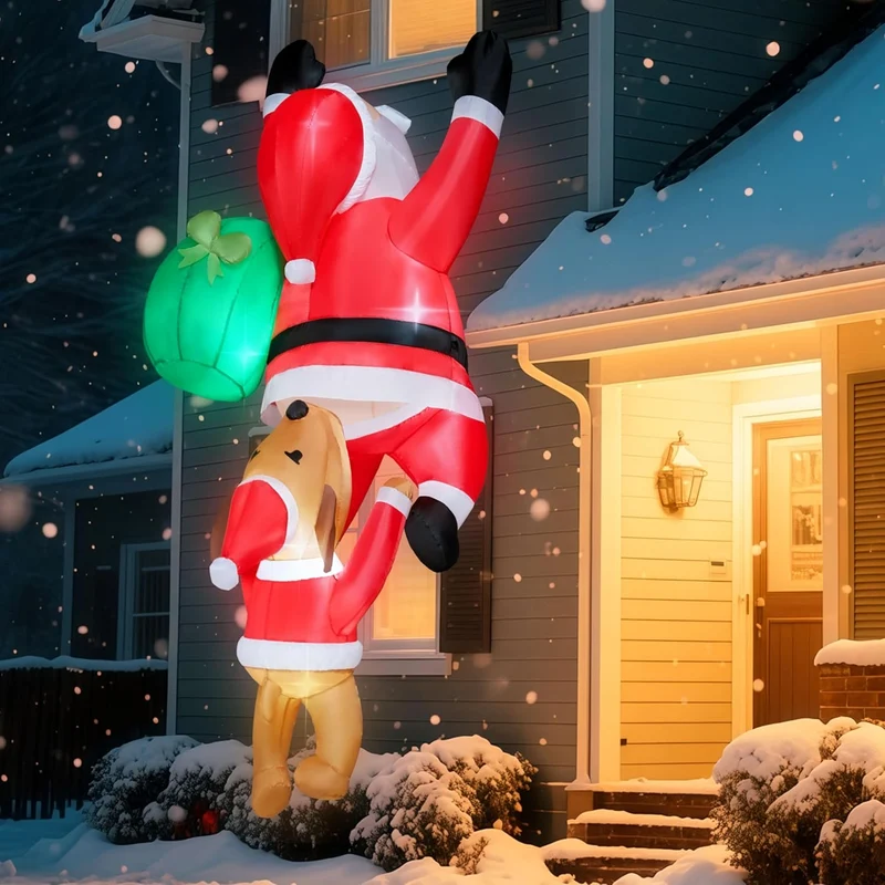 8 FT Hanging Christmas Inflatables Outdoor Decoration, Blow Up Climbing Santa w/ Dog Build-in LED Decor